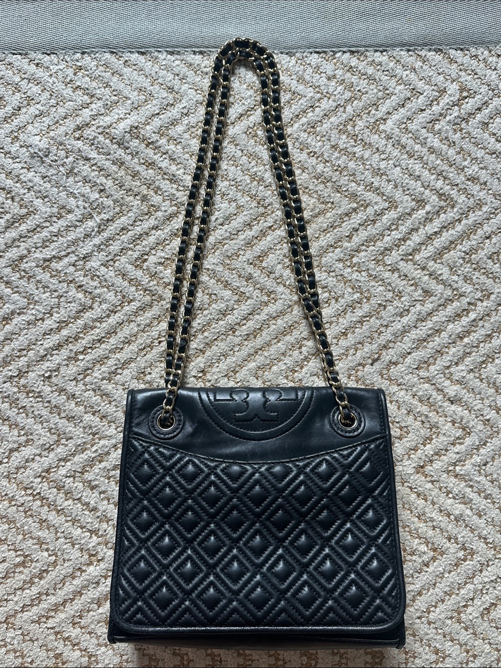 Tory Burch Black Quilted Leather Shoulder Bag with Gold Chain Strap